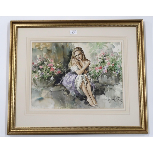 972 - GORDON KING (SCOTTISH 1939-2022) GILS WITH FLOWERS Watercolour, signed lower right, 36 x 4... 