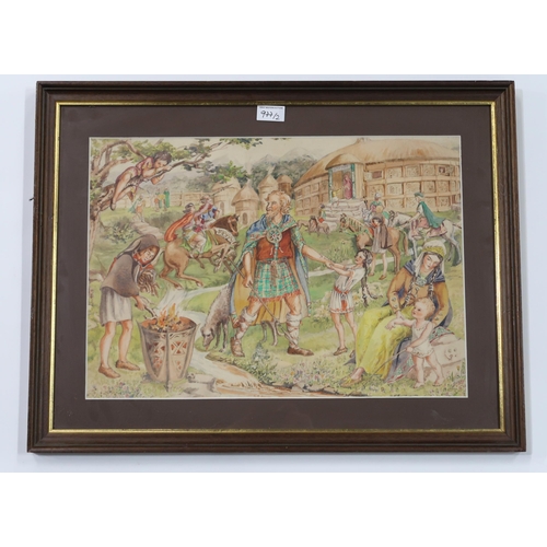 977 - WENDY WOOD (ENGLISH 1892-1981) CELTIC VILLAGE Watercolour, signed lower right, 35 x 50cm Together wi... 