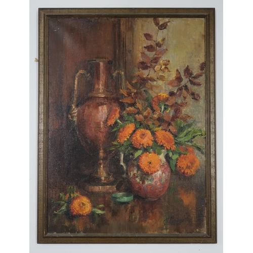 987 - NAN C. LIVINGSTON (SCOTTISH 1876-1952) STILL LIFE WITH YELLOW MARIGOLD FLOWERS Oil on canv... 