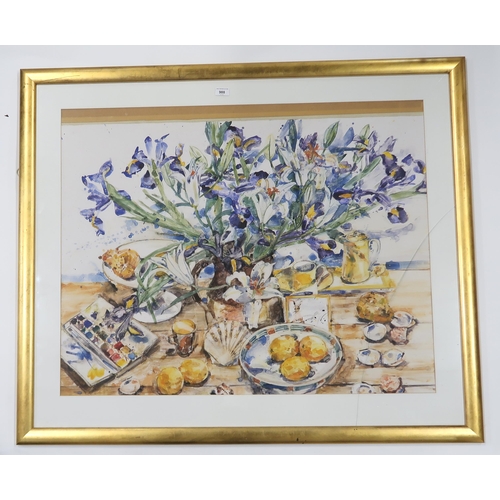 988 - CONTEMPORARY SCHOOL  STILL LIFE WITH LEMOND AND LILIES Watercolour, 78 x 97cm... 