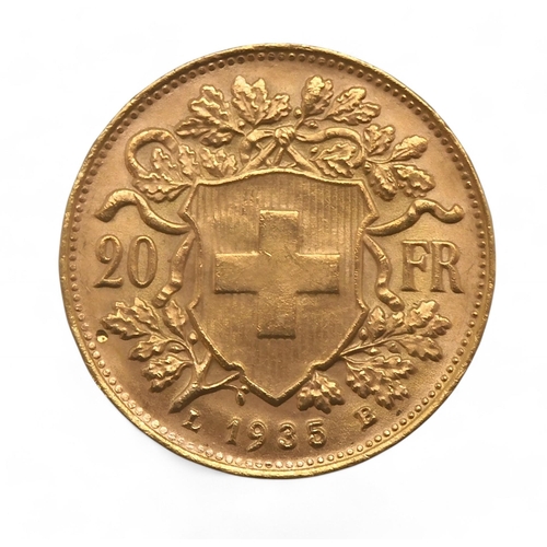 335 - SWITZERLAND (1848-date) 20 Francs 1935ObverseBust of a young woman from Oberhasli facing left, ... 