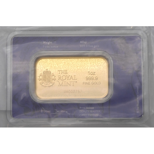 351 - Gold Bullion 1oz Gold Minted Bar Obverse Una and the Lion standing left legend below DIRIG... 