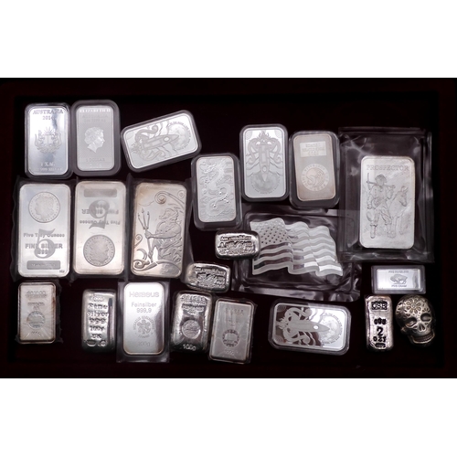 373 - SILVER BULLION A lot comprising fifty-two 1 oz silver ingots various themes (52), five 5 oz sil... 