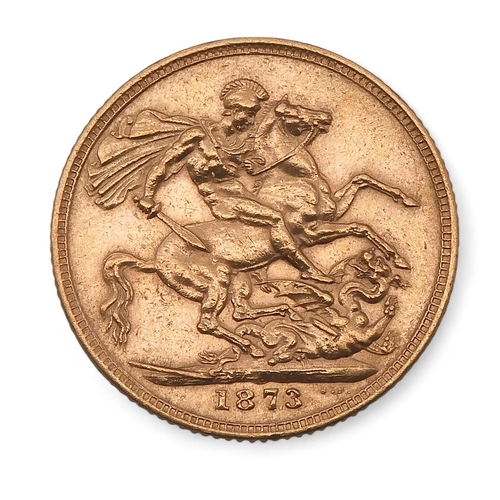 376A - VICTORIA (1837-1901) 1 SOVEREIGN 1873ObverseQueen Victoria's young head VICTORIA D:G: BRITANNIA... 