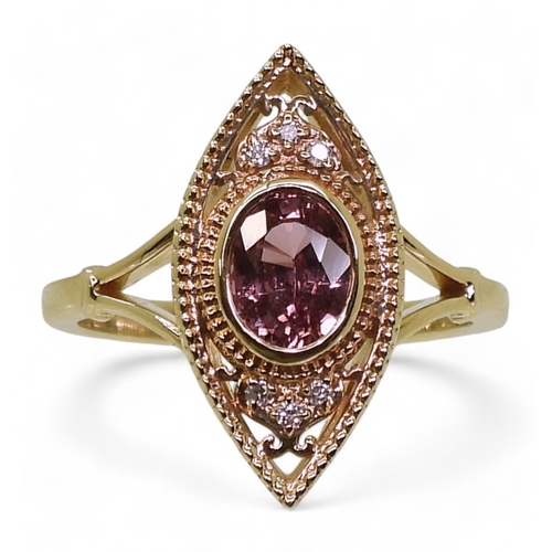 758 - A sapphire and diamond ring, the 14k marquis shaped mount is set with a padparadscha colour sapphire... 