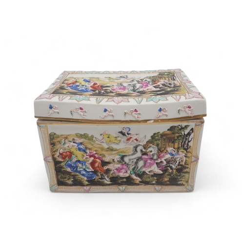 203 - A LARGE CAPODIMONTE PORCELAIN BOX AND COVERof rectangular form, moulded in relief and painted with a... 