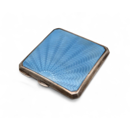 401 - An Elizabeth II guilloche enamel silver powder compact, by Walker & Hall, Birmingham 1962, of sq... 