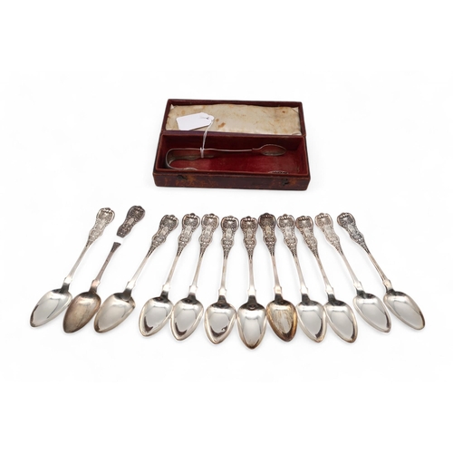 417 - A set of twelve Scottish Single Struck Queen's pattern teaspoons and sugar tongs, J.T maker's mark (... 