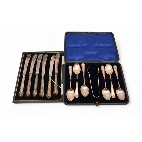 419 - A cased set of silver teaspoons and sugar tongs, by Charles Wilkes, Birmingham 1906,  a se... 