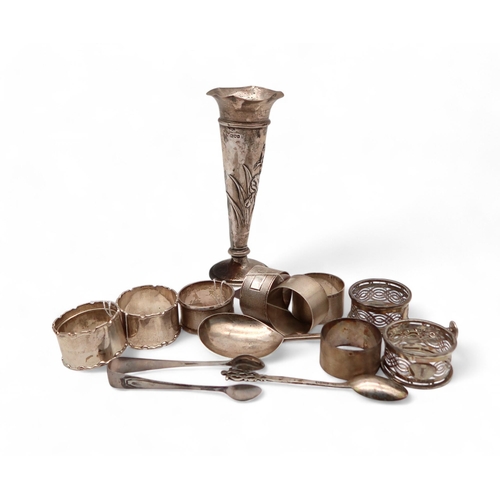 420 - A collection of silver including a specimen vase, by William Comyns (weighted), London 1905, decorat... 