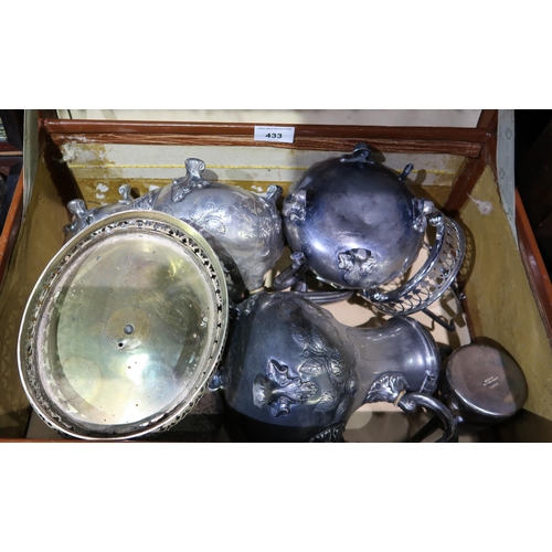 433 - A collection of EPNS including a pewter tea service, an EPNS travelling toilet set etc