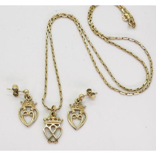 703 - A 9ct gold luckenbooth, pendant with a 48cm chain, and matching earrings, weight together 8.7gms