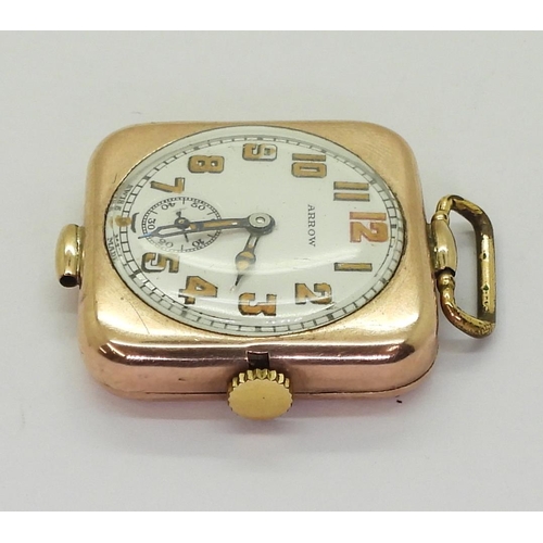 711 - A 9c cased gents Arrow vintage watch with a square case diameter 3cm, weight including mechanism&nbs... 