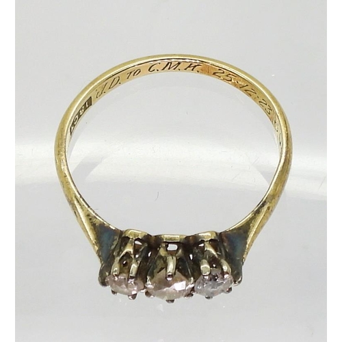 733 - An 18ct gold three stone diamond ring, size O, set with estimated approx 0.33cts, weight 2gms