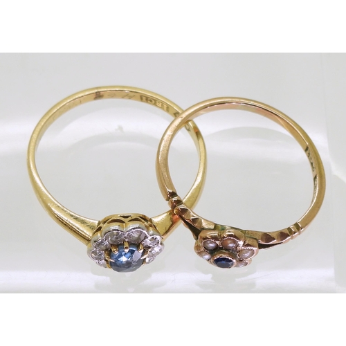 737 - An 18ct gold sapphire and diamond flower cluster ring, size P1/2, weight 2.5gms, together with a 9ct... 