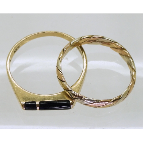 745 - A 9ct handmade three colour gold twist ring, size M1/2, together with a 9ct gold onyx set ring size ... 