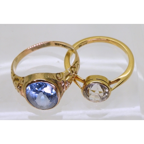 747 - An 18k gold clear gem set ring, size N1/2, weight 3.4gms, together with a 10k gold blue gem set ring... 