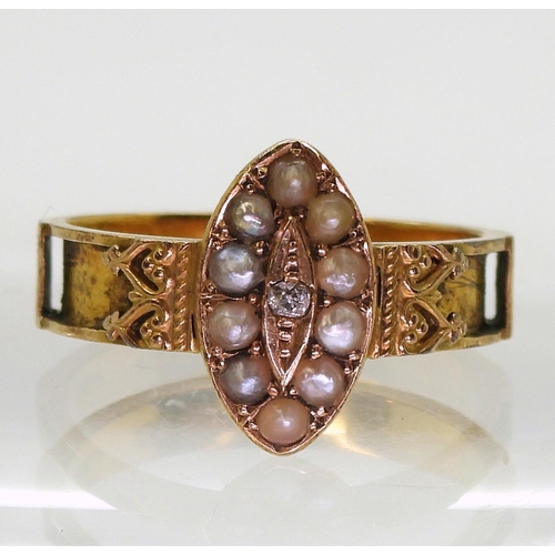 748 - A 15ct gold mourning ring set with pearls and a diamond accent, hallmarked Chester 1894, size Q, (ha... 