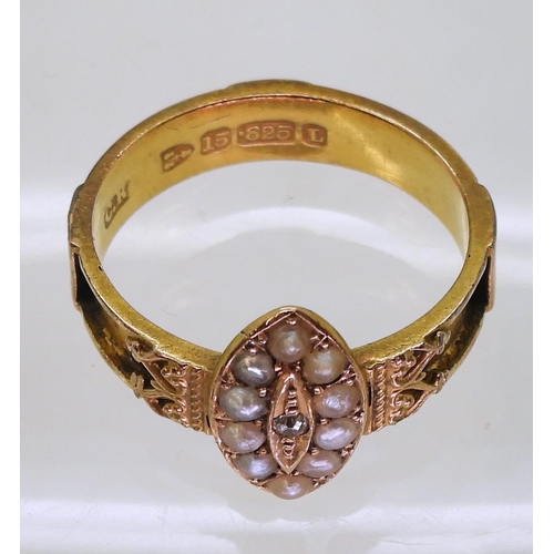 748 - A 15ct gold mourning ring set with pearls and a diamond accent, hallmarked Chester 1894, size Q, (ha... 