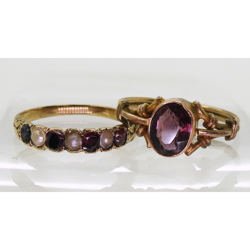 749 - A yellow metal vintage garnet & pearl ring, size N1/2, together with a 9ct gold purple gem set r... 