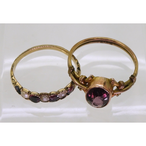 749 - A yellow metal vintage garnet & pearl ring, size N1/2, together with a 9ct gold purple gem set r... 