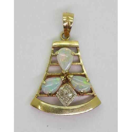 770 - A 14ct opal and diamond accent pendant, length with bail 2.6cm, weight 2.4gms