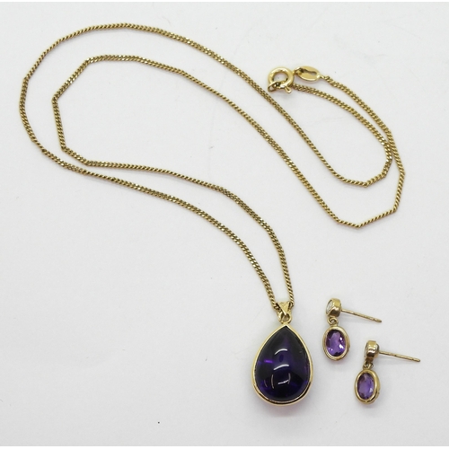 772 - A 46cm long 9ct gold curb chain with a mixed cut amethyst pendant and a pair of earrings, weight tog... 