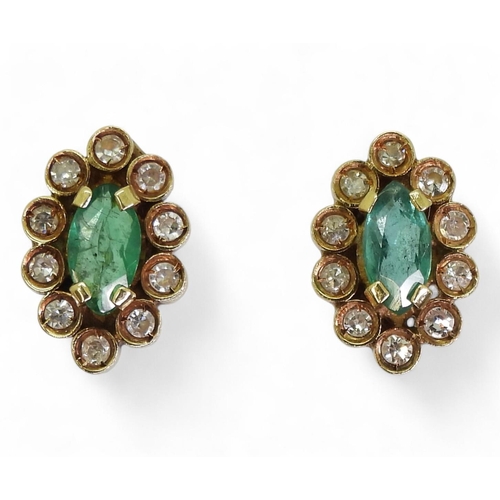 777 - A pair of bright yellow metal emerald and diamond stud earrings with secure threaded posts, weight 2... 