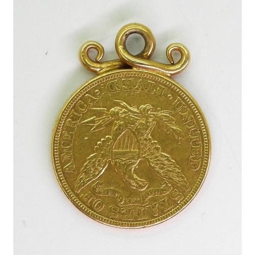 778 - An 1880 gold five Dollar coin with soldered on yellow metal mount weight 9.1gms