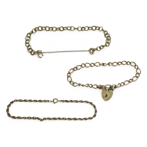 792 - A 9ct curb chain bracelet with a heart shaped clasp, and two further 9ct gold bracelets (one clasp a... 