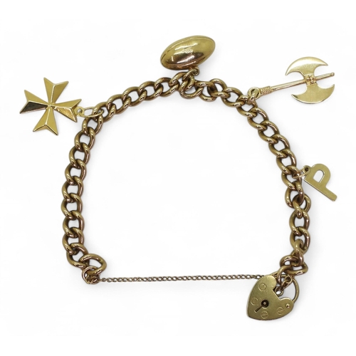 794 - A 9ct gold charm bracelet with four attached charms to include A 14k gold Viking axe, approx weight ... 