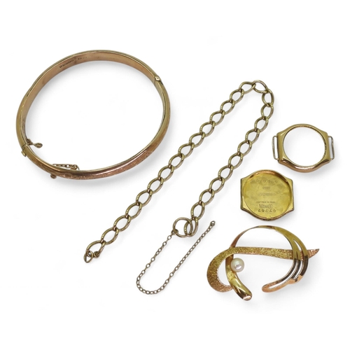 796 - A collection of 9ct and yellow metal items, a rose gold (af) bangle, a watch case, a bracelet (no cl... 