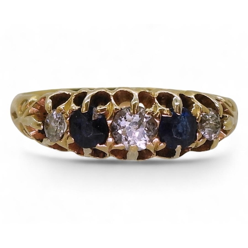 799 - A bright yellow metal sapphire and diamond five stone ring, set with 0.17cts of old cut diamonds, si... 