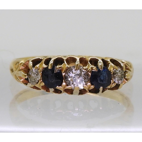 799 - A bright yellow metal sapphire and diamond five stone ring, set with 0.17cts of old cut diamonds, si... 