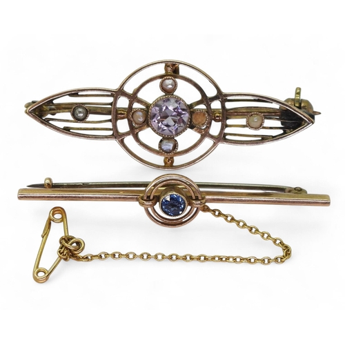 801 - A 9ct gold blue gem set brooch, together with a yellow metal amethyst set brooch, Weight combined 4.... 