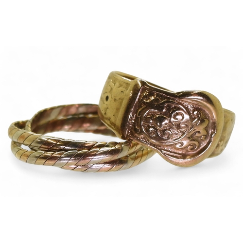 803 - A 9ct gold buckle ring, size O1/2, together with a three colour gold Russian wedding ring size N, we... 