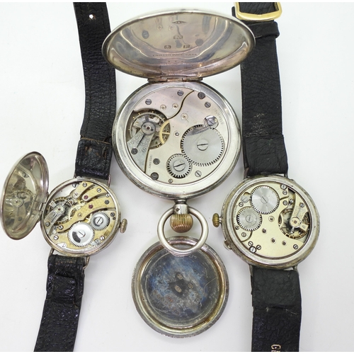 878 - A silver open face pocket watch hallmarked Birmingham 1930, and two silver wristwatches, one with an... 