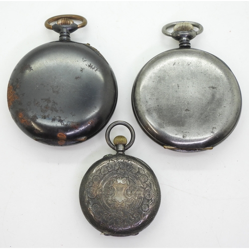 886 - A gunmetal Hebomas 8 days pocket watch with a decorative enamelled dial, together with a continental... 