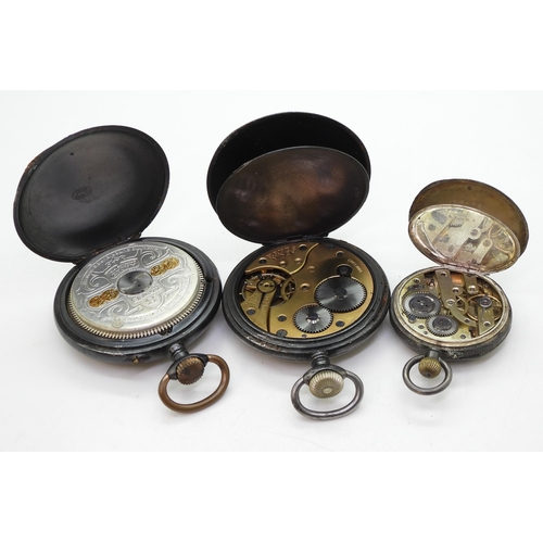 886 - A gunmetal Hebomas 8 days pocket watch with a decorative enamelled dial, together with a continental... 