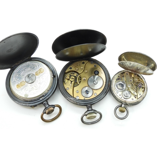 886 - A gunmetal Hebomas 8 days pocket watch with a decorative enamelled dial, together with a continental... 