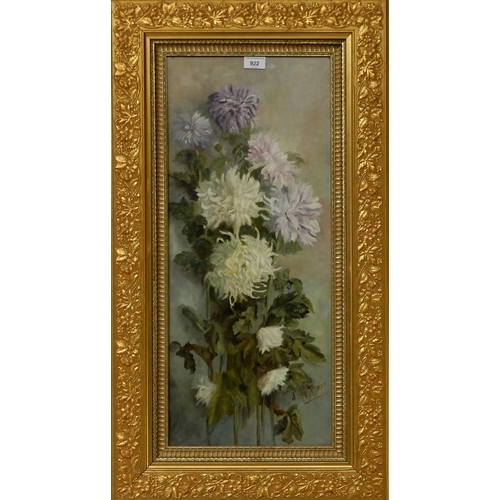 922 - 20th CENTURY SCHOOL STILL LIFE WITH CHRYSANTHEMUMS Oil on canvas, signed 'J.M. Barr', 70 x... 