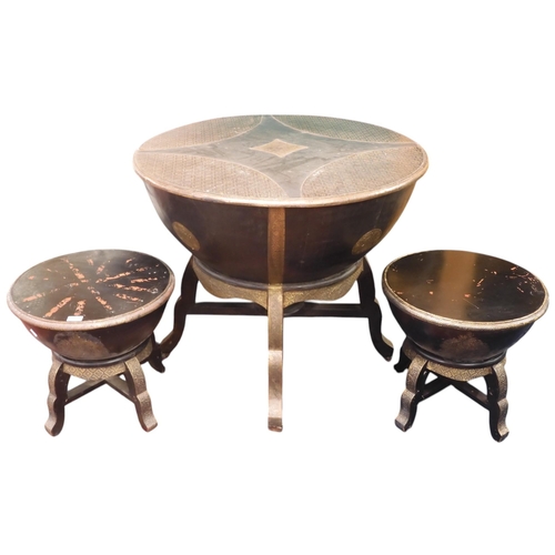 37 - A lot comprising a 20th century Moorish style drum form table with embossed brass mounts, 76cm high ... 