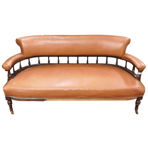 40 - An early 20th century mahogany framed brown vinyl upholstered parlour settee, 68cm high x 146cm wide... 