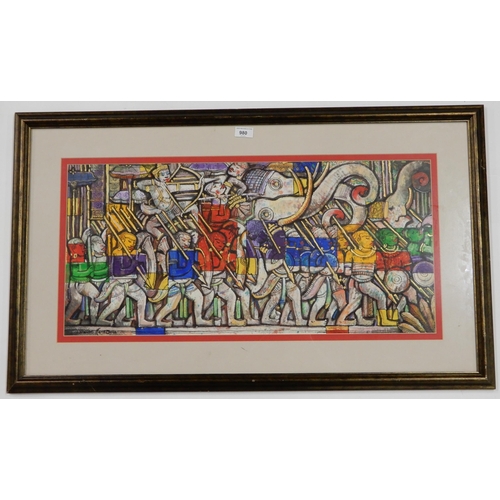 980 - CAMBODIAN SCHOOL MILITARY PARADE Mixed media on paper, signed lower left, 35 x 76cm... 