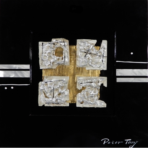 985 - PETER TANG (CONTEMPORARY SCHOOL) ABSTRACT IN SILVER AND GOLD Mixed media, signed lower right, 70 x 7... 