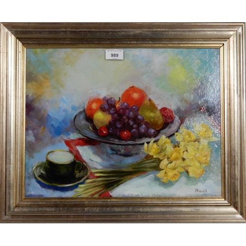 989 - MARY MILLER (CONTEMPORARY SCHOOL) FRUIT AND DAFFODILS Oil on board, signed lower right, 32... 