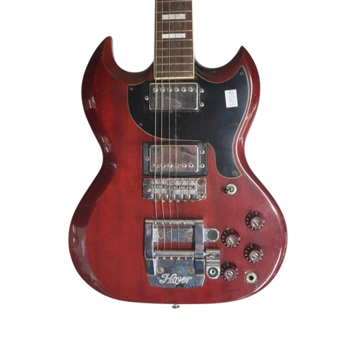 605 - A rare 1970's German made Hoyer SG electric guitar, with a burgundy solid body, two pickups and Scha... 