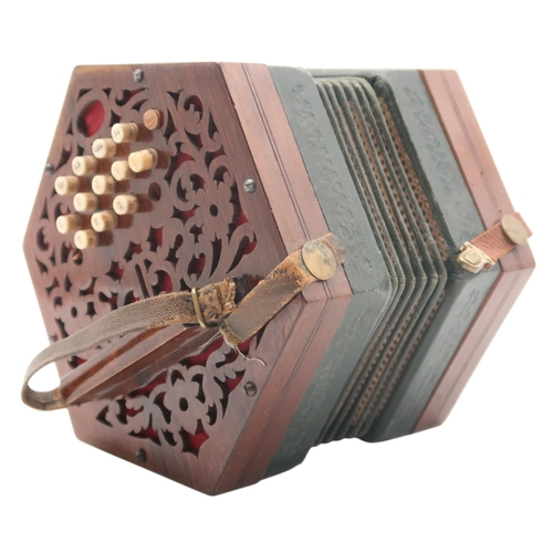 616 - A German imitation of a Louis Lachenal 20 key Anglo concertina with 6 bellows and pierced veneer end... 