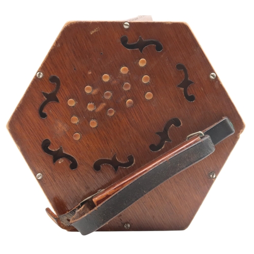 617 - A 31 key Anglo concertina with 6 bellows and pierced veneer ends, serial number 1487