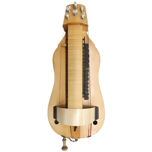 623 - A Contemporary Hurdy-Gurdy, with a flat back and mechanical tuning pegs, with a hard case containing... 